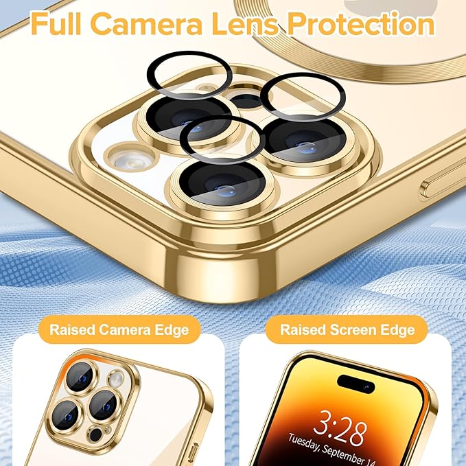 Hython Magnetic Clear for iPhone 14 Pro Case with Camera Lens Protector [Compatible with MagSafe] Luxury Plating Edge Slim Soft TPU Cover Protective Phone Case for iPhone 14 Pro 6.1", Gold