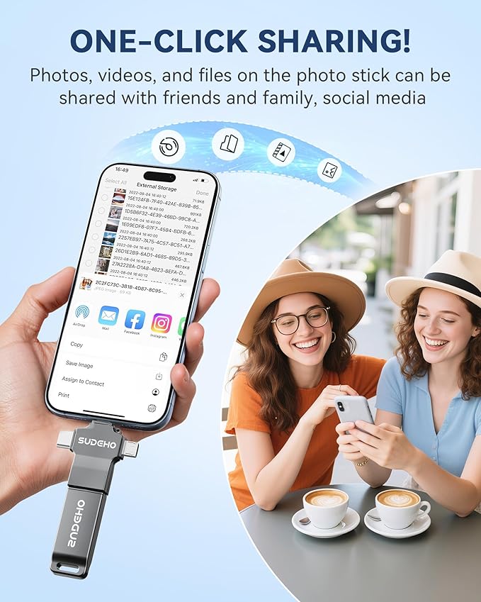 MFi Certified Photo Stick 128GB USB Flash Drive for iPhone, 4 in 1 External Memory Thumb Drive for Picture Video Data Backup, High Speed Memory Stick USB Drive for iPhone/iPad/Android/PC (Gun Black)