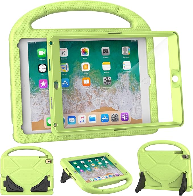 Kids Case for iPad 5th/6th Generation (9.7-inch, 2017/2018), iPad Air 2/Pro 9.7 Case with Screen Protector, Durable Shockproof Lightweight Cover with Handle/Stand for Kids, Light Green
