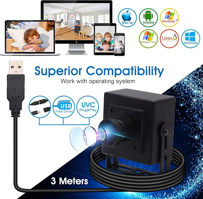4K USB Camera Ultra HD 2160P Webcam with IMX317 Sensor,170 Degree Fisheye Lens USB Camera Module with Dual Microphone, Plug and Play USB Webcam for Windows/Mac/Linux/Raspberry Pi