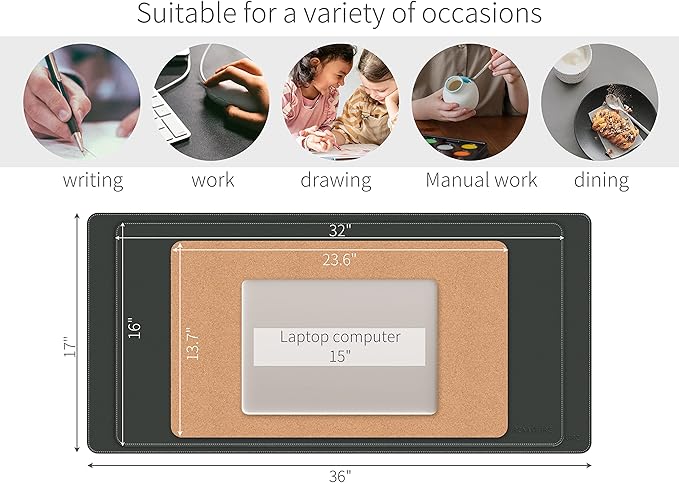 RENMTURE Dual-Sided Mouse Pad, Natural Cork & PU Leather Large Desk Pad for Office and Home Work, Desk Protector Non-Slip, Waterproof, Easy Clean (Black, 32"x16")