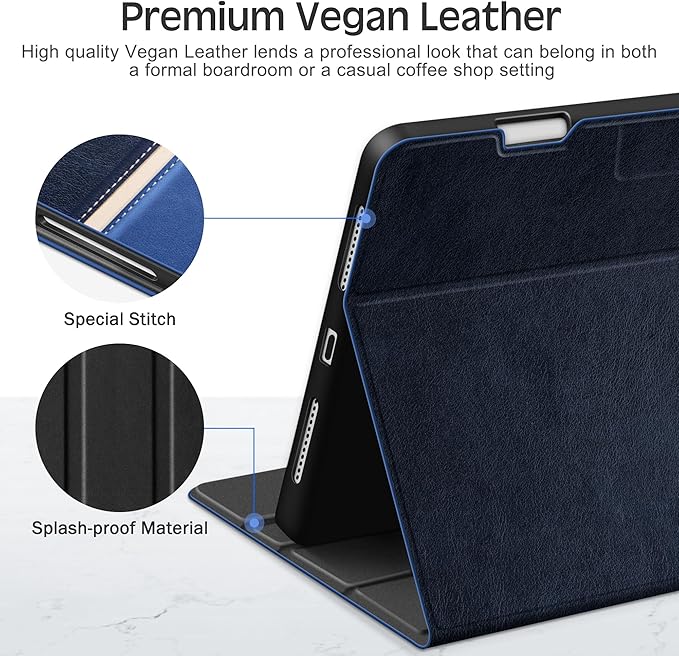 KingBlanc Case for iPad Pro 11 inch (M5 2025/M4 2024) with Pencil Holder, Vegan Leather Smart Stand Cover, Auto Sleep Wake, Support Pencil Pro/(USB-C), Viewing/Typing Angle, Durable Protection, Blue