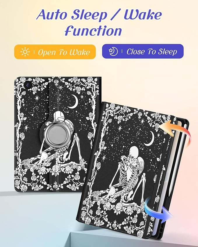 Kidcube for Samsung Galaxy Tab A9 Plus Case 11 Inch - for Women Girls Cute Rotating Stand Folio Cover with Pencil Holder & Card Slot Goth Skull Floral Unique Design for Samsung A9 Plus Tablet Cases