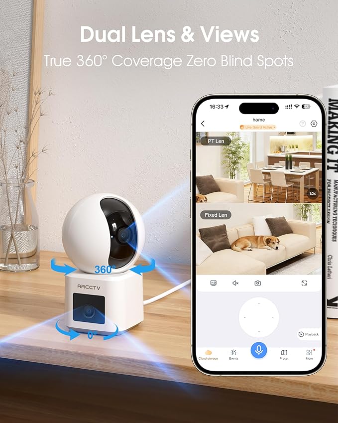 ARCCTV 2-Pack Dual Lens Indoor Security Camera, 2.5K WiFi 6 Pet Camera for Home Security System, 4-View Whole Home Coverage, 360° AI Tracking, 5GHz/2.4GHz Dog Camera, Night Vision, Phone App