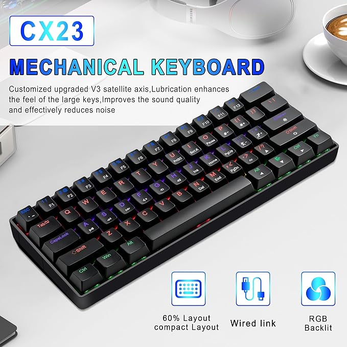 60% Mechanical Gaming Keyboard, RGB Backlit Ultra-Compact 61 Keys Wired Mini Keyboard, Anti-Ghosting, Portable Small Keyboard for PC, Mac, Laptop, Office & Gaming, Black