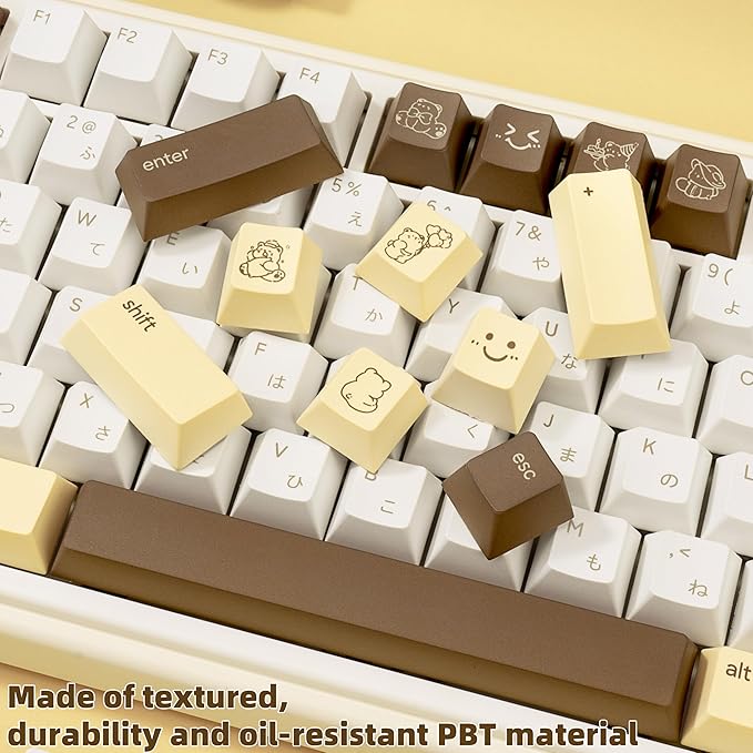 Minimalist Yellow PBT Keycaps 134Keys - Custom Cute Japanese Keycap Cherry Profile Dye Sublimation - Brown Bear Key caps for Cherry MX, Outemu, Gateron Mechanical Keyboards