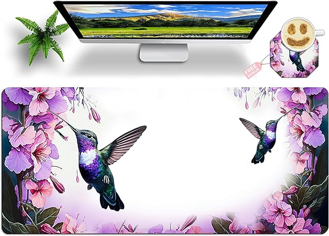 Hummingbird Extended Large Mouse Pad with Coaster - 35.4 x 15.7 Full Desk Mousepad - Stitched Edges - Ultimate Gaming Desk Mat