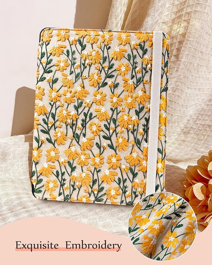 Uppuppy for Samsung Galaxy Tab A9 Plus Case 11'' - for Women Girls Cute Embroidered Folio Stand Cover with Pencil Holder & Card Slot Girly Yellow Daisy Design Aesthetic Cases for Samsung Tab A9 Plus