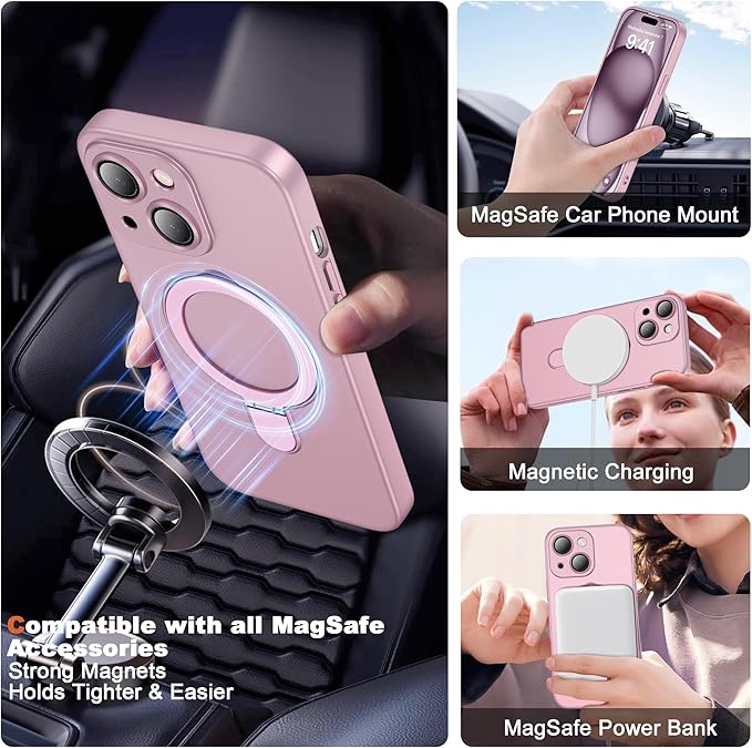 Compatible with iPhone 15 Plus Case with Magnetic Ring Stand [Compatible with Mag-Safe] [Full Camera Lens Protector] Soft Plating Phone Case for iPhone 15 Plus 6.7", Rose Gold