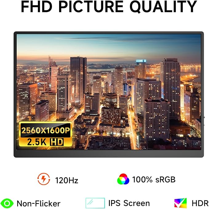 AYY 16" 2.5K 120Hz Portable Monitor, 2560x1600 HDR IPS Display, QHD 100% sRGB, USB-C & HDMI, Eye Care External Second Screen, for Laptop/PC/Phone/PS4/5/Xbox/Switch