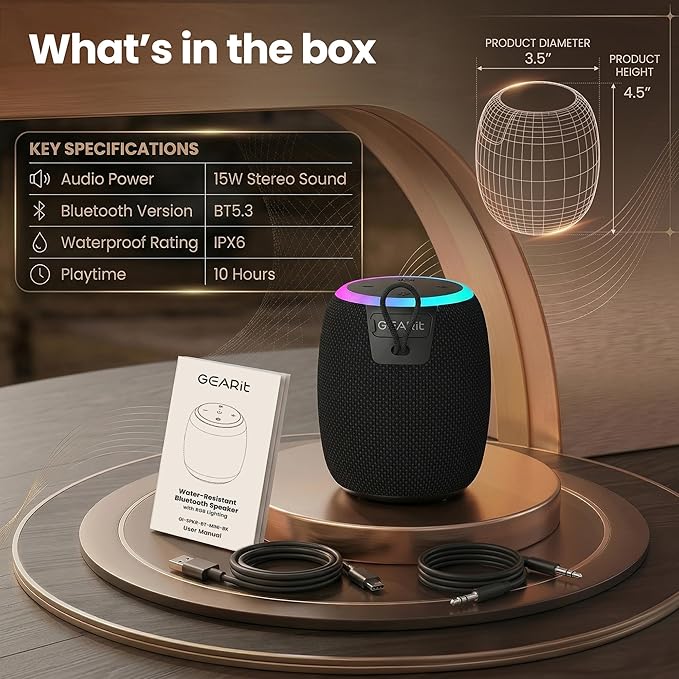 GEARit Small Portable Wireless Speaker with Deep Bass & RGB Light | 15W Bluetooth Speaker V5.3 IPX6 Waterproof & Dustproof | AUX & TWS Pairing 10H Playtime for Camping Beach Travel Home Gift
