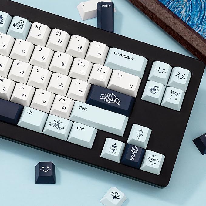 134 Keys PBT Keycaps - Dye-Sublimation Japanese Kanagawa Theme Keycaps, Cherry Profile Blue and White Cute Keycap Set Compatible with Cherry Gateron Mechanical Gaming Keyboards