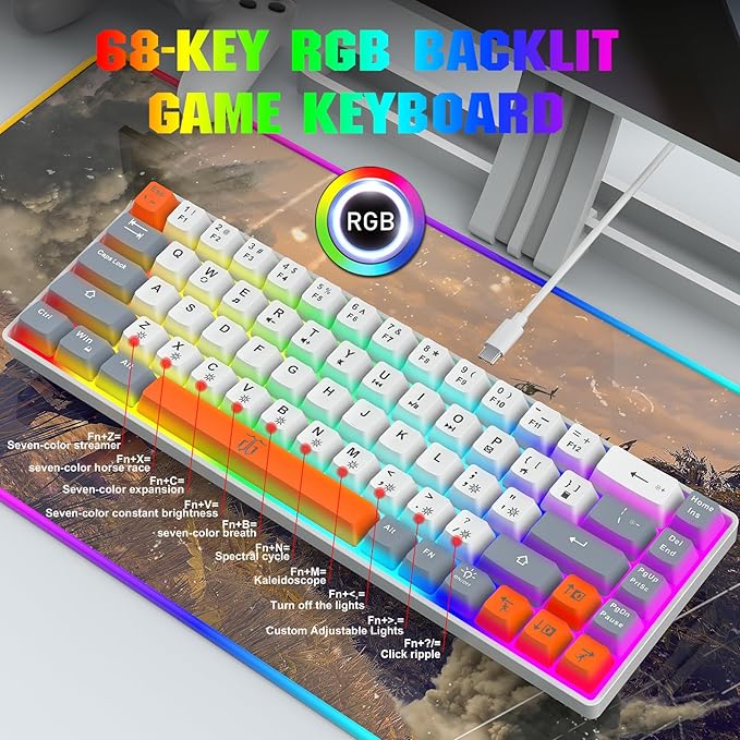 Snpurdiri 60% Percent Gaming Keyboard, Ergonomic Compact RGB Backlit Small Gaming Keyboard for Windows, PC, Laptop (68 Keys, White-Grey-Orange)