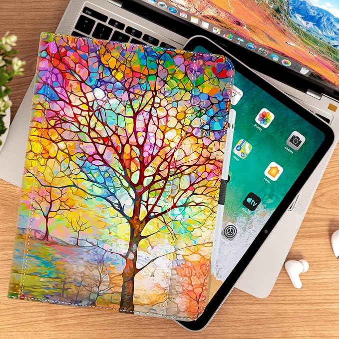 for iPad (A16) 11Th/10Th Generation Case 2025/2022, for iPad Case 11Th/10Th Generation, for iPad 10Th/11Th Gen Cases Pencil Holder/Hand Strap/Pocket/Adjustable Stand, Colorful Tree of Life