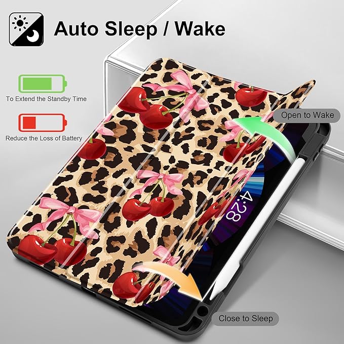 May Chen Case for iPad Pro 11 inch (4th, 3rd, 2nd & 1st Gen) 2022 2021 2020 2018, Trifold Stand + Pencil Holder + Auto Wake/Sleep + Soft TPU Protective Stand Back Cover, Cherry & Cheetah