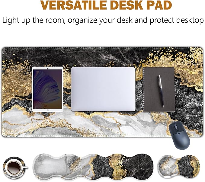Upgraded Extended Gaming Mouse Pad, Keyboard Wrist Rest Pad, Wrist Support Mousepad Set, Artso Large Stable Rubber Base Stitched Edges, Multifunctional Desk Pad 35 x15.5 in, Black Grey Marble