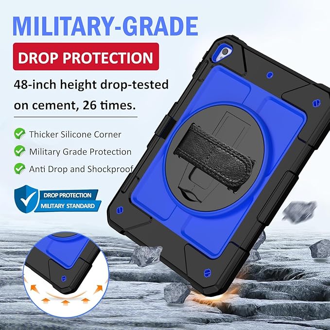 BMOUO Case for iPad 6th/5th Generation Case (9.7 inch, 2018/2017), 360°Rotating Stand, Hand/Shoulder Strap Shockproof iPad 9.7” Case for iPad Air 2, Deep Blue