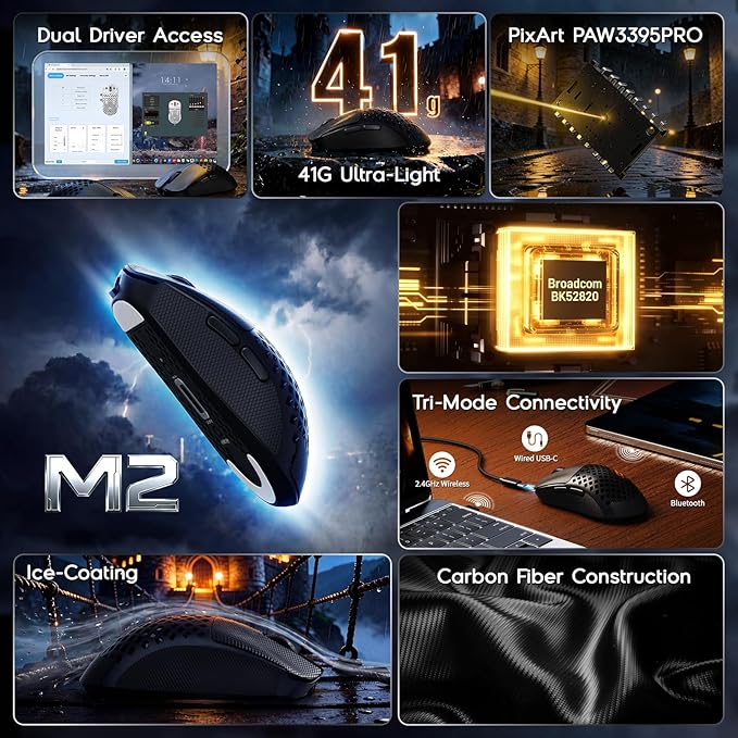 ATTACK SHARK M2 Wireless Gaming Mouse,41g Ultra-Lightweight Carbon Fiber,40,000 DPI,PAW3395PRO Sensor,Wired/BT/2.4GHz Wireless Programmable Mice Griptape for PC/Mac(Black)