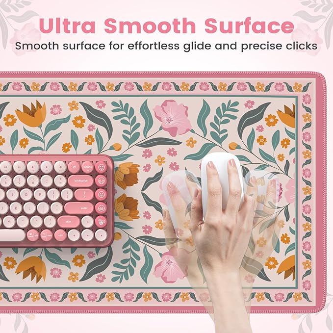 iLeadon Desk Protector Pad Mat Pink, Large Floral Mouse and Keyboard Pad with Smooth Lycra Surface, Long Full Desk Mouse Pad for Laptop, Gaming Desks Mat Cute for Office, Home (Pink)