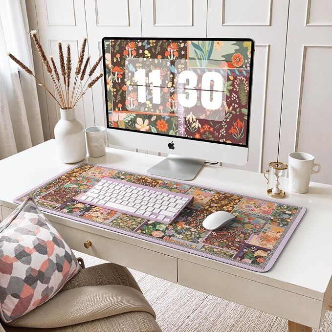 iCasso Floral Desk Pad Mat, Large Mouse Pad, Desk Matt for Desktop, Anti-Slip XXL Big Mousepad with Stitched Edges for Computer Keyboard (Brown)