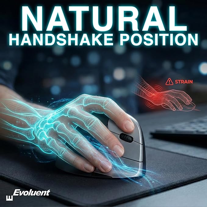Evoluent – Inventor of The Vertical Mouse – VMC Vertical Ergonomic Mouse Wireless USB/Bluetooth Ergo Design for Right Hand M-L, Sculpted Comfort, 4 Speeds, Copy & Paste Buttons