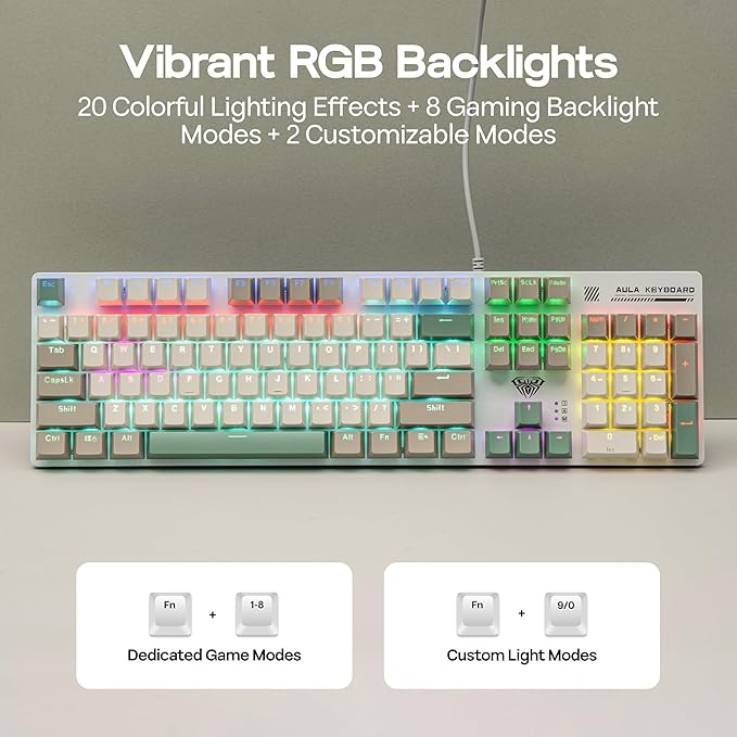 MechLands Aula S500 Wired Gaming Keyboard, 100% Full Size Mechanical Keyboard with Number Pad, 104 Keys, NKRO, RGB Backlits, Shine Through Keycaps, Ergonomic for PC E-Sports (White&Green, Red Switch)