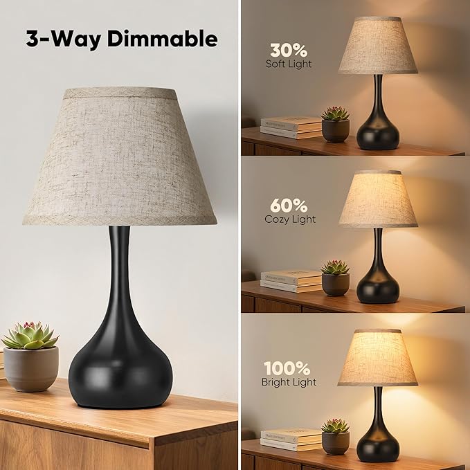 17” Touch Table Lamp for Bedroom Set of 2, 3-Way Dimmable Bedside Lamp for Nightstand, Farmhouse Metal Desk Lamp with Linen Shade for Living Room, Kids Reading, Dorm, Home Office Decor, Bulb Included