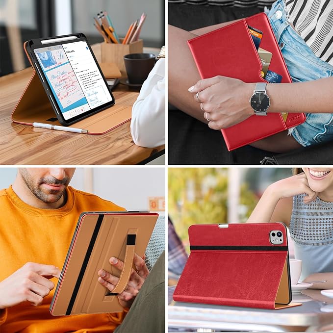 DTTO for iPad Pro 11 inch Case (M5/M4) 2025/2024, Premium Leather Business Folio Stand Cover with Pencil Holder - Auto Wake/Sleep and Multiple Viewing Angles, Red
