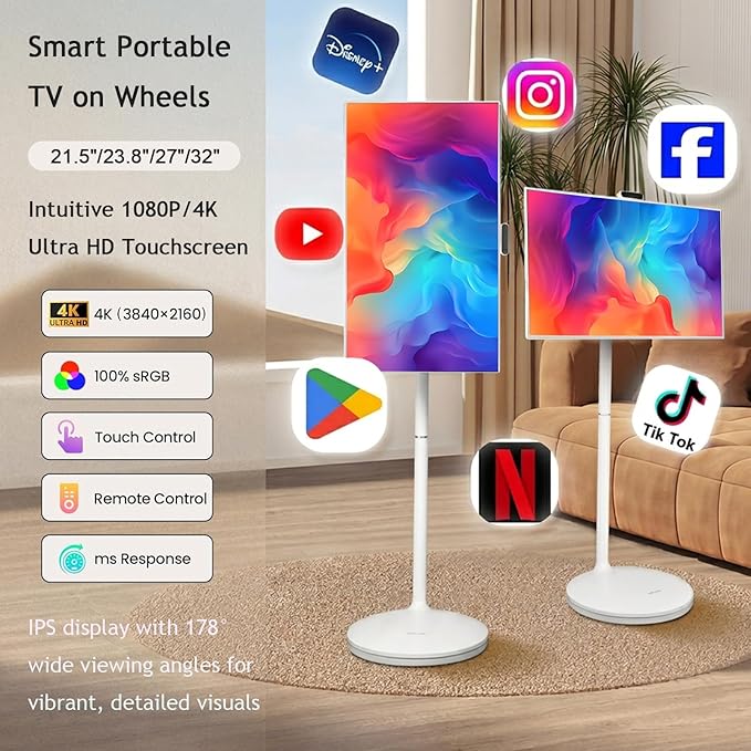 21.5"/24"/27"/32" UHD 1080P/4K Smart Portable TV, 8 GB RAM+128GB, Android 13, Portable Touch Screen Monitor, Larger Battery Up to 6-8hr, Full Swivel Rotation, Remote Control 27"
