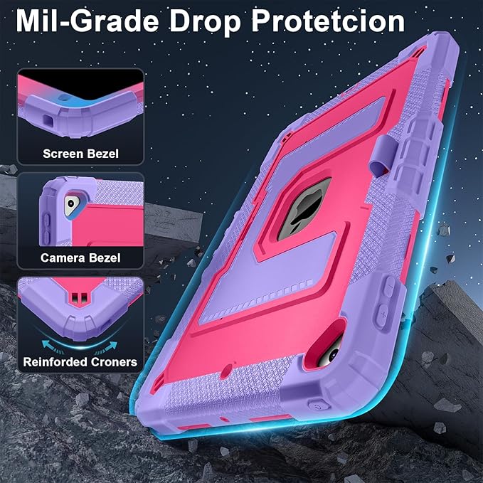 Kids Friendly Case for Apple iPad 10.2" 9th 8th 7th Generation 2021/2020/2019 Case with Pencil Holder & Shoulder Strap, Military Grade Shockproof Kickstand Hard Shell Protective Cover,Rose+Purple