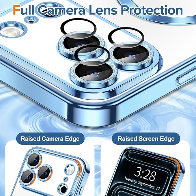 Hython Magnetic Clear for iPhone 17 Pro Case with Camera Lens Protector [Compatible with MagSafe] Luxury Plating Edge Slim Soft TPU Cover Protective Phone Case for iPhone 17 Pro 6.3", Light Blue