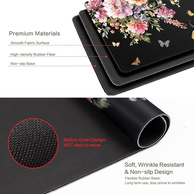 Desk Mat Mouse Pad Butterfly Flower, 35.4x15.7 in Pink Floral XXXL Extended Large Gaming Desk Pad Mousepad, Waterproof Black Computer Laptop Keyboard Mat for Women Girls Work, Game, Office, Home