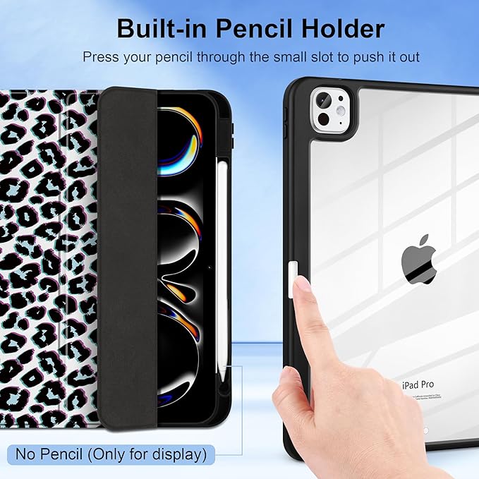TWOLSKOO Case for iPad Pro 11-inch (M5 2025 / M4 2024), Clear Acrylic Back with TPU Bumper, Pencil Holder, Trifold Stand, Auto Sleep/Wake, Black Leopard