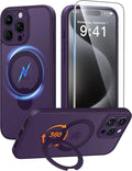 FNTCASE for iPhone 15 Pro-Max Case: [360 Spin Magnetic Stand] [Compatible with Magsafe] [Screen Protector] Translucent Matte Military Grade Shockproof Full Camera Protective Phone Cover - Purple