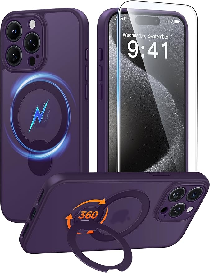 FNTCASE for iPhone 15 Pro-Max Case: [360 Spin Magnetic Stand] [Compatible with Magsafe] [Screen Protector] Translucent Matte Military Grade Shockproof Full Camera Protective Phone Cover - Purple