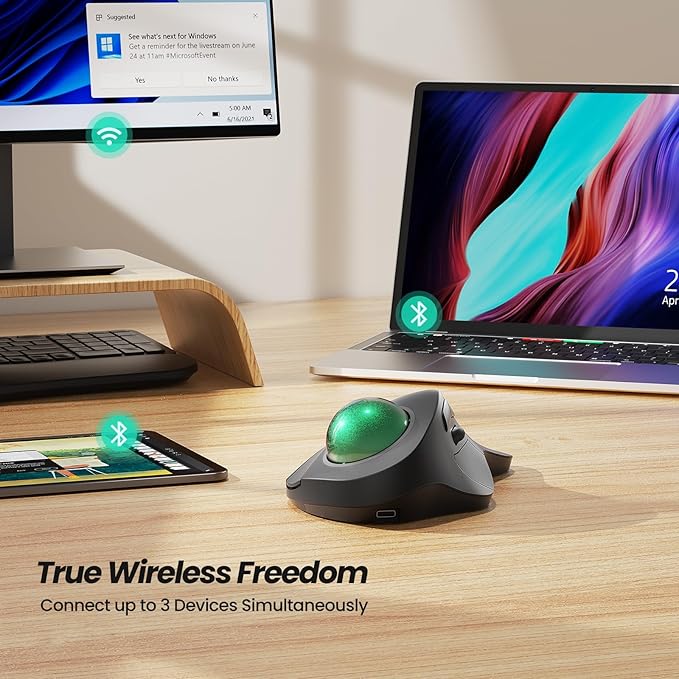 Nulea Wireless Ergonomic Trackball Mouse, Rechargeable, Bluetooth Rollerball Mouse, 44mm Index Finger Trackball, 5 Adjustable DPI, Compatible with PC, Laptop, iPad, Mac, Windows, Android