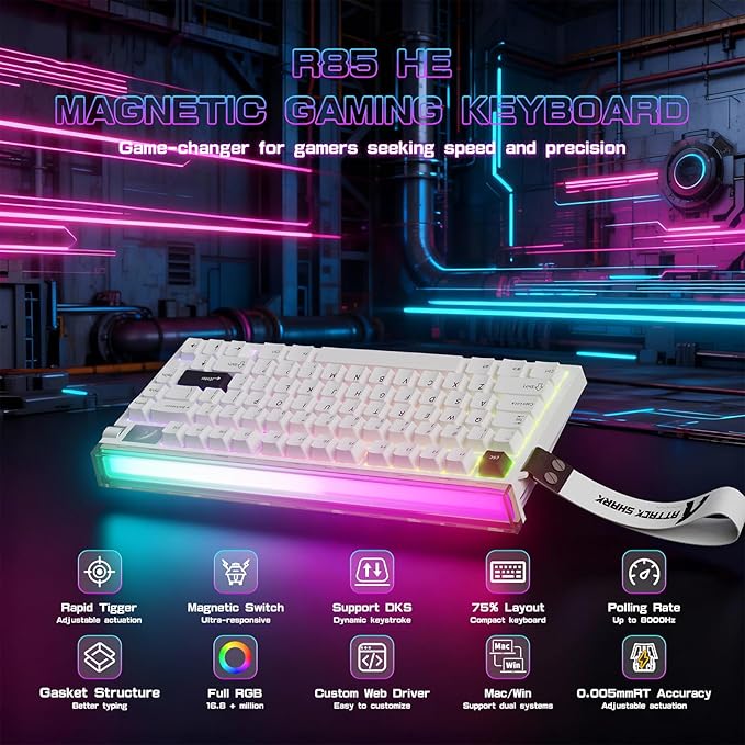 ATTACK SHARK R85 HE Wired 75% Rapid Trigger Mechanical Gaming Keyboard with Custom Lightbox, 8KHz Polling Rate,0.005mm RT Accuracy,0.08MS Latency,Hall Effect,Magnetic Switch,Driver for PC-Star White