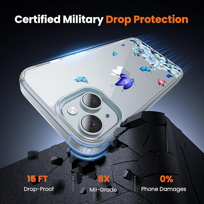 toushion 3 in 1 for iPhone 15 Plus Case Clear Printed Design | Yellowing-Resistant Acrylic Back, Screen Protector *1 & Camera Lens Protector*1, Military-Grade Protection