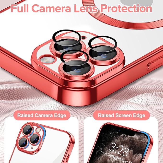 Hython Magnetic Clear for iPhone 11 Pro Max Case with Camera Lens Protector [Compatible with MagSafe] Plating Edge Slim Soft TPU Cover Protective Phone Case for iPhone 11 Pro Max 6.5", Red