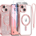 Meifigno for iPhone 15 Case 6.1, [Glitter Card & Wrist Strap], 1X HD+1X Privacy Screen Protectors, Compatible with MagSafe, Surround Camera Lens Protection for iPhone 15 Case, Rose Gold