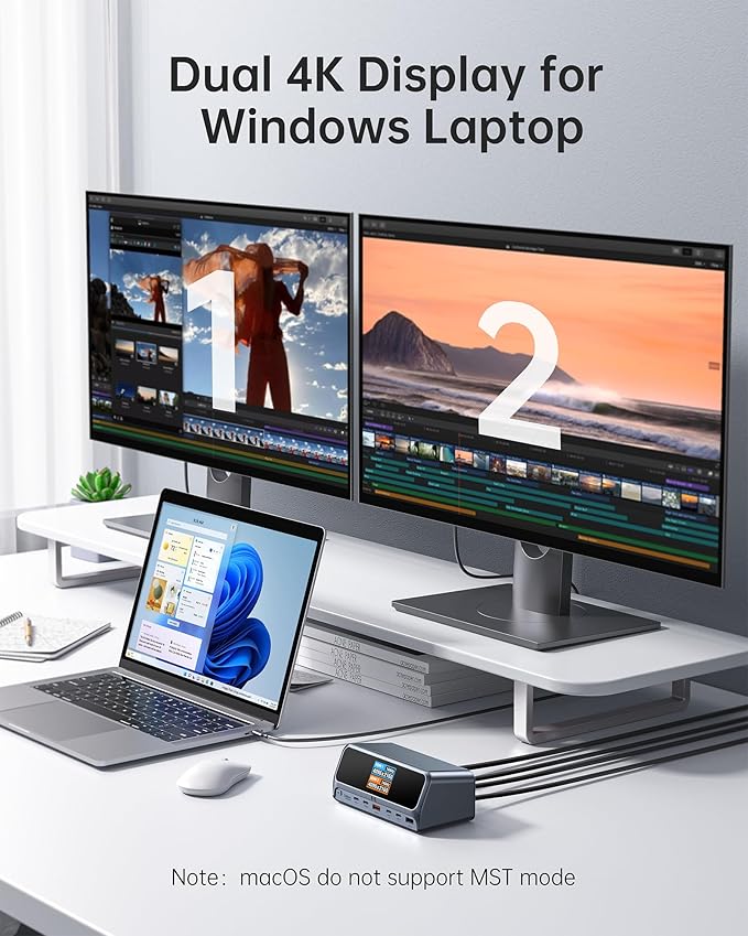Selore 13-in-1 Laptop Docking Station with 2.26" LCD Display, 160W Max Output, Dual 4K HDMI, 10Gbps USB A/C Ports, Gigabit Ethernet, 100W PD Charging for MacBook, Dell, HP, Lenovo and More