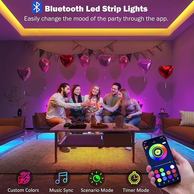 Leeleberd 65.6 ft Led Lights for Bedroom, Bluetooth Smart APP Control 5050 RGB Color Changing Led Strip Lights with Remote Control and Power Adapter Led Lights for Room Kitchen Party Home Decoration