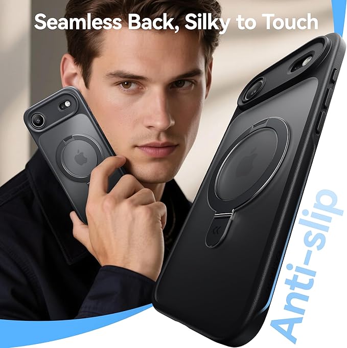 CASEKOO Ultra-Magnetic Stand for iPhone Air Case [Military Drop Protection] [Compatible with MagSafe] Shockproof Translucent Matte Slim Ring Holder Case for iPhone 17 Air Phone Cover 6.5", Black