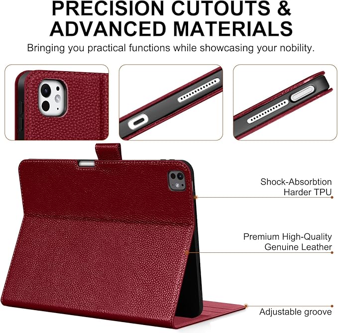 Genuine Leather Case for iPad Pro 13 inch (M5/M4) 2025/2024 with Pencil Holder | Slim Protective Cover with Adjustable Stand,Magnetic Closure,Auto Wake/Sleep, Premium Leather | Wine Red