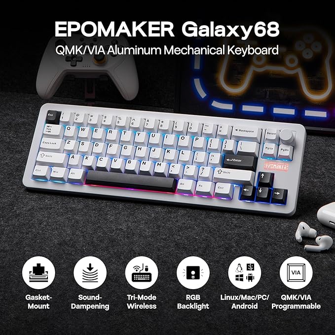 EPOMAKER Galaxy68 QMK/VIA Wireless Mechanical Keyboard, Anodized Aluminum, TOP/Gasket, 6000mAh, RGB Side/Backlight, 65% Gaming Keyboard with Hot-Swap Creamy Switch (White, Marble White Switch)