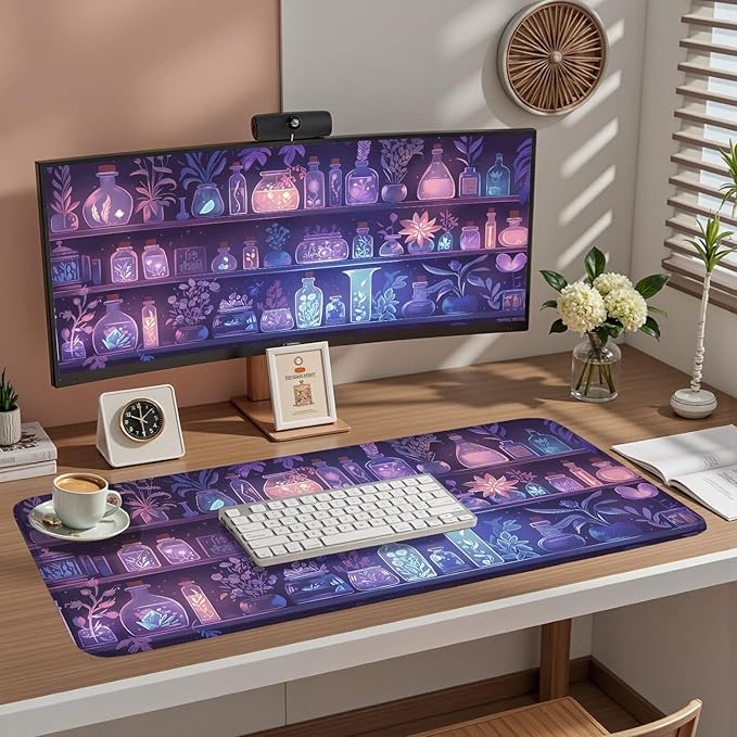 Witchy Purple Pink Blue Glowing Herbs Desk Mat,Enchanted Botanical Plants Shelf Large Mouse Pad- XL Mystical Desk Pad for Gaming, Office, Dorm-Fantasy Aesthetic Gift- Magic Home Decor 31.5" x 15.7"