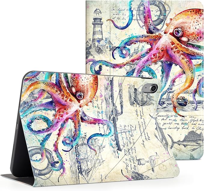 Lokigo Case for iPad (A16) 11th Generation 11 Inch 2025, iPad 10th Generation Case 10.9 inch 2022, Multi-Angle Viewing Protective Stand iPadCover 10thGeneration, Support Touch ID, Octopus