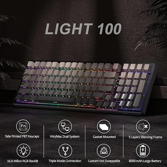 MageGee LIGHT100 Wireless Creamy Keyboard, Gasket Structure Hot Swappable, 2.4G/USB-C/BT5.0 RGB Backlit Mechanical Gaming Keyboard for Win/Mac/PC, 8000mAh Battery, Side Printed PBT Keycap, Black