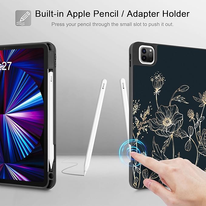 May Chen Case for iPad Pro 11 inch (4th, 3rd, 2nd & 1st Gen) 2022 2021 2020 2018, Trifold Stand + Pencil Holder + Auto Wake/Sleep + Soft TPU Protective Stand Back Cover, Abstract Floral