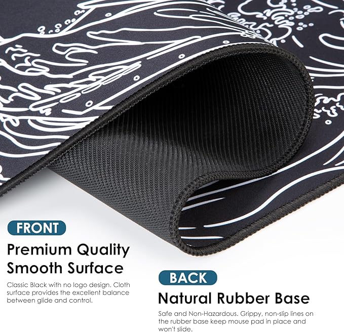 Waterproof Mouse Pad, Japanese Sea Wave Large Keyboard Pad with Anti-Slip Base, Extended Kanagawa Mat Desk Pad, for Gamer, Office & Home, Off to College/Back to School, 31.50"x11.81"